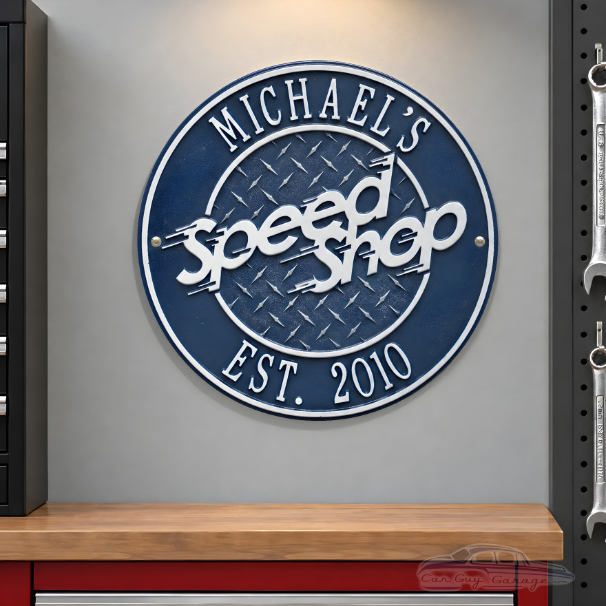 Personalized Speed Shop Garage Sign - Cast Aluminum Round Plaque