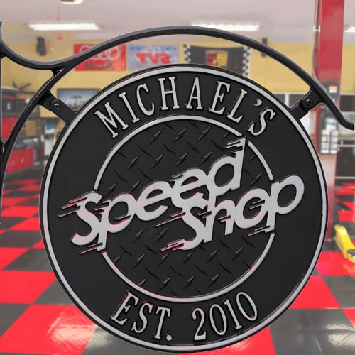 Personalized Aluminum 2 Sided Speed Shop Plaque with Bracket