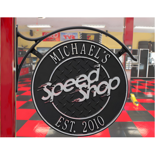 Personalized Aluminum 2 Sided Speed Shop Plaque with Bracket