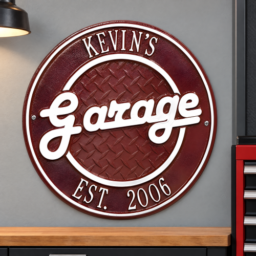 Personalized Metal Garage Sign - Cast Aluminum Round Plaque