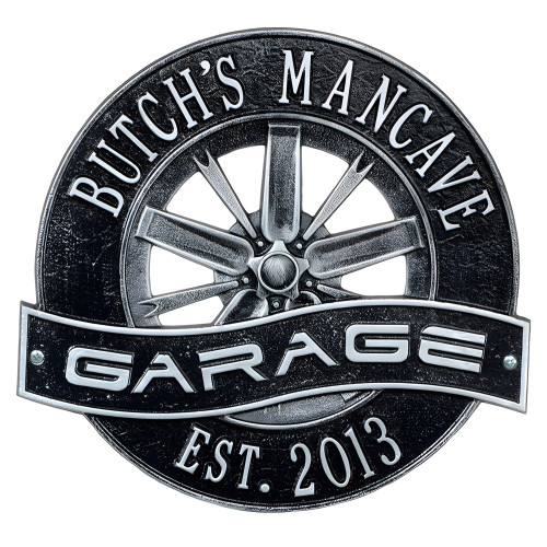 Personalized Cast Aluminum Racing Wheel Garage Plaque