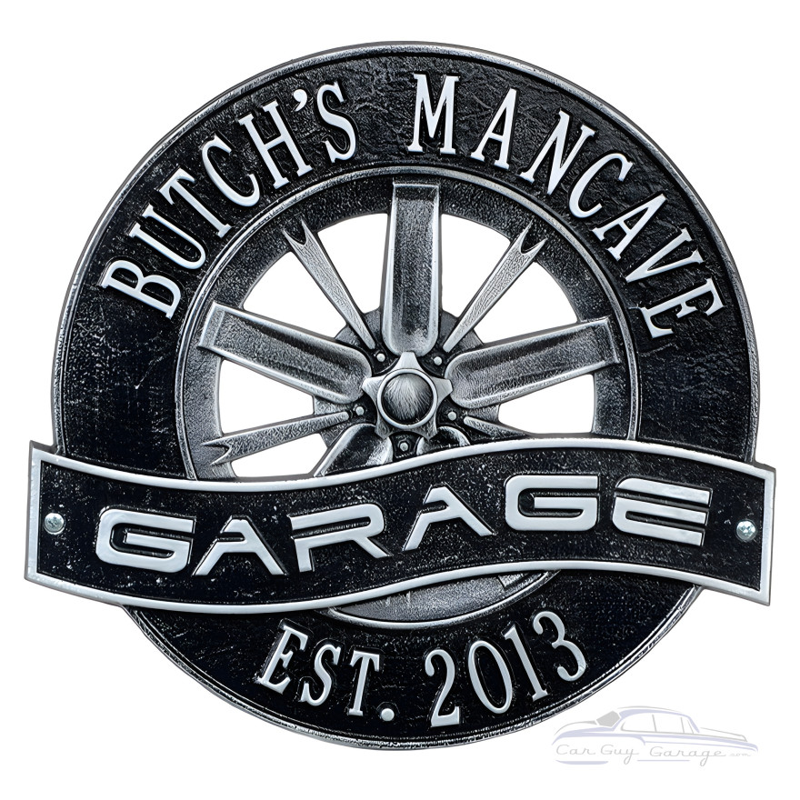 Personalized Cast Aluminum Racing Wheel Garage Plaque Personalized Cast Aluminum Racing Wheel Garage Plaque