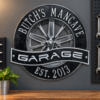 Personalized Metal Garage Sign, Racing Wheel Plaque