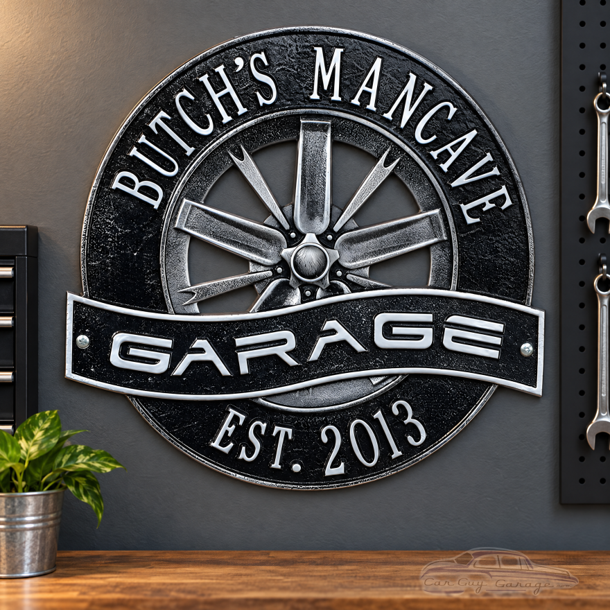 Personalized Metal Garage Sign, Racing Wheel Plaque