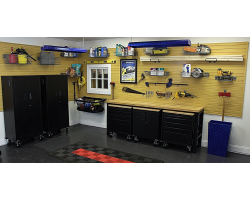 6 Piece Set of Black Steel Cabinets with 8 Foot Workbench