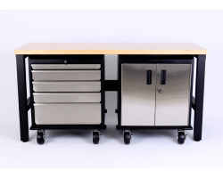6 Foot Workbench with 1 Stainless Steel Five Drawer Base Cabinet and 1 Stainless Steel 2-Door Base Cabinet 