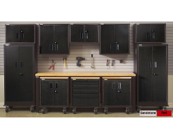 13 Foot Wide 11 Piece Black Steel Cabinets with Butcher Block Workbench