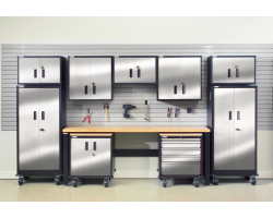 12 Piece Set of Stainless Steel Door Cabinets with Butcher Block Workbench