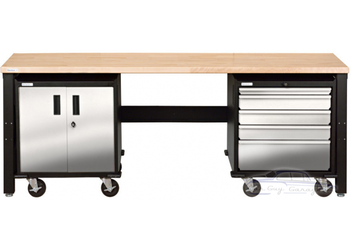 8 Foot Workbench with 1 Stainless Steel Five Drawer Base Cabinet and 1 Stainless Steel 2-Door Base Cabinet 