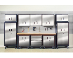 13 Foot Wide Set of Stainless Steel Door Cabinets with 8 Foot Butcher Block Workbench