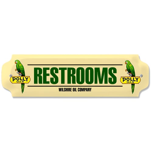 Polly Gas Restrooms Metal Sign - 12" x 3"