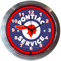 Pontiac Service Red Neon Garage Wall Clock, Chrome Rim - 15" Round