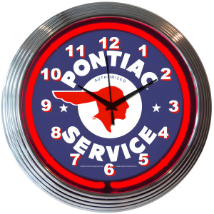 Pontiac Service Red Neon Garage Wall Clock, Chrome Rim - 15" Round
