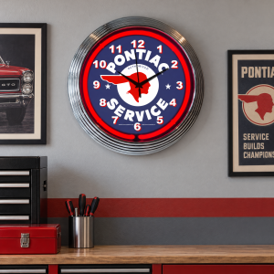 Pontiac Service Neon Clock, Red 15 Inch Chrome Rim