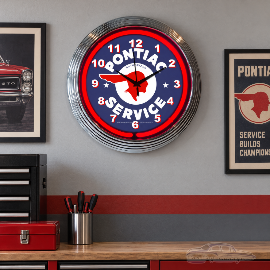 Pontiac Service Neon Clock, Red 15 Inch Chrome Rim
