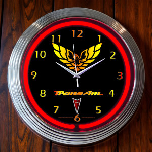 Pontiac Trans Am Firebird Red Neon Wall Clock Chrome Rim - 15" Round