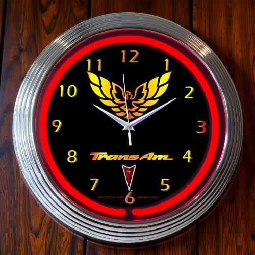 Pontiac Trans Am Firebird Red Neon Wall Clock Chrome Rim - 15" Round