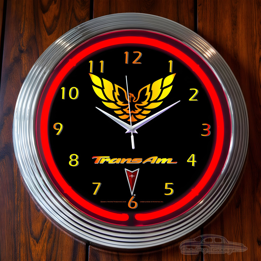 Pontiac Trans Am Firebird Red Neon Wall Clock Chrome Rim - 15" Round