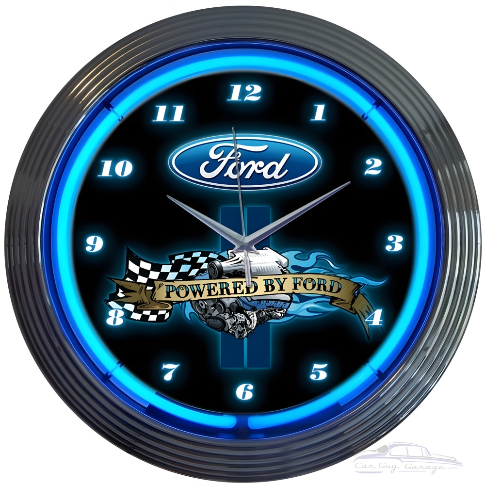 Powered by Ford Neon Clock Stylish 15" Glass & Chrome Design