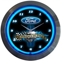 Powered by Ford Blue Neon Wall Clock with Chrome Rim - 15" Round
