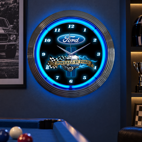 Powered by Ford Blue Neon Wall Clock with Chrome Rim