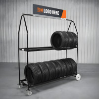 Mobile 2-Tier Tire Display Rack with Wheels and Header Sign