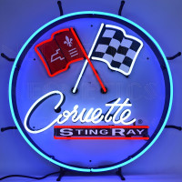 Corvette C2 Sting Ray Crossed Flags Neon Sign - 24" Round