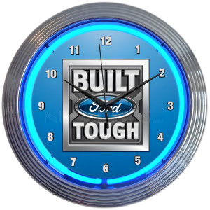 Built Ford Tough Blue Neon Wall Clock with Chrome Rim - 15" Round