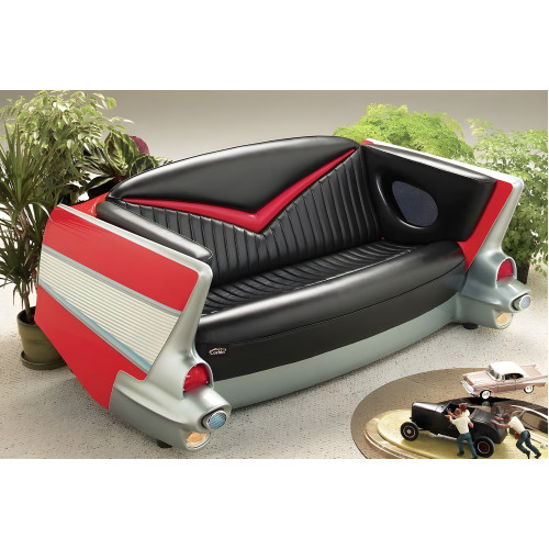 Red 1957 Chevy with Black Couch