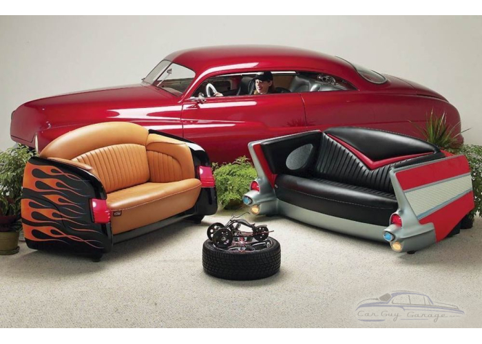 Red 1957 Chevy with Black Couch