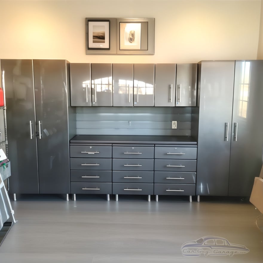 Grey Modular 9 Piece Garage Cabinet Kit with Bamboo Worktop Grey Modular 9 Piece Garage Cabinet Kit with Bamboo Worktop
