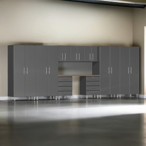 Grey Modular 10 Piece Garage Cabinet Kit with Bamboo Worktop