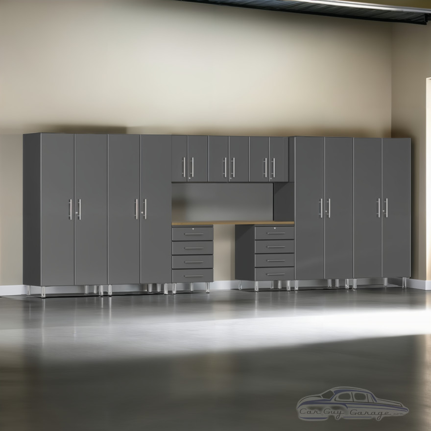 Grey Modular 10 Piece Garage Cabinet Kit with Bamboo Worktop Grey Modular 10 Piece Garage Cabinet Kit with Bamboo Worktop