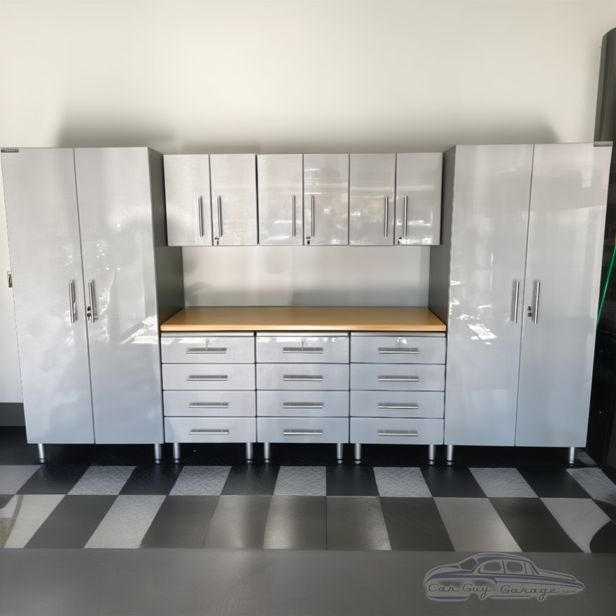 Silver Modular 9 Piece Garage Cabinet Kit with Bamboo Worktop Silver Modular 9 Piece Garage Cabinet Kit with Bamboo Worktop