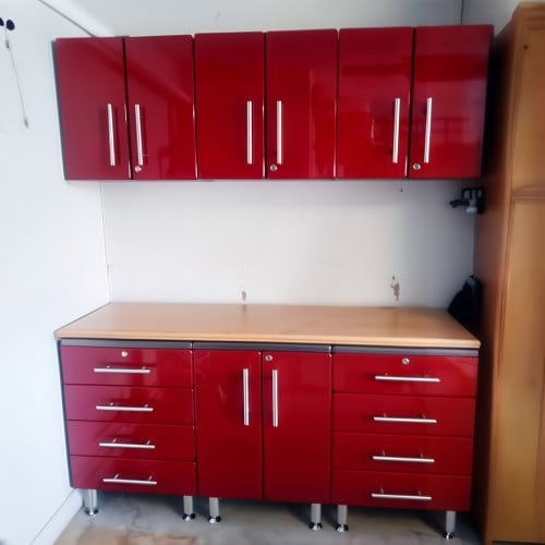 Red Modular 7 Piece Garage Cabinet Kit with Bamboo Worktop