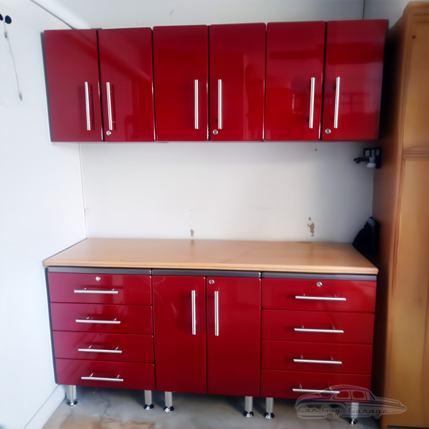 Red Modular 7 Piece Garage Cabinet Kit with Bamboo Worktop Red Modular 7 Piece Garage Cabinet Kit with Bamboo Worktop