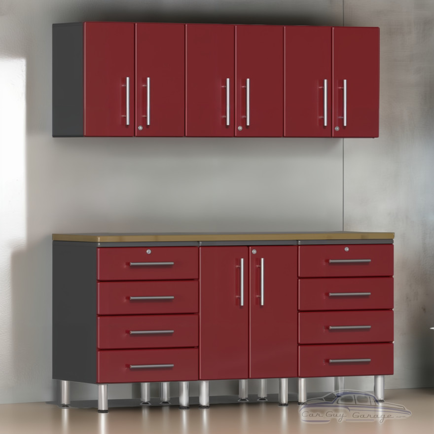 Red Modular 7 Piece Garage Cabinet Kit with Bamboo Worktop Red Modular 7 Piece Garage Cabinet Kit with Bamboo Worktop