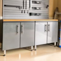 Grey Modular 3 Piece Garage Cabinet Workstation Set, 71 in Bamboo Top