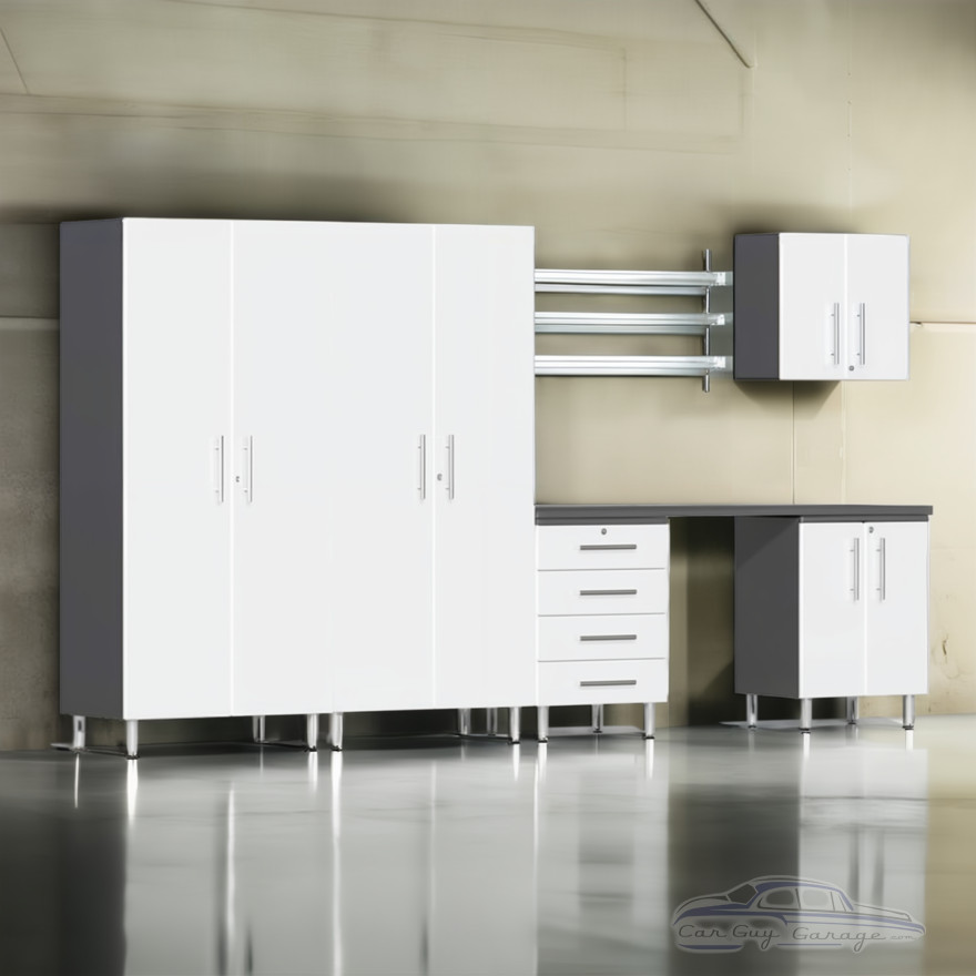 White Modular 6 Piece Garage Cabinet Kit with Workstation White Modular 6 Piece Garage Cabinet Kit with Workstation