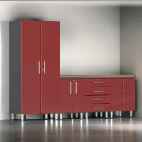 Red Modular 5-Piece Garage Cabinet Set with Bamboo Butcher Block Top