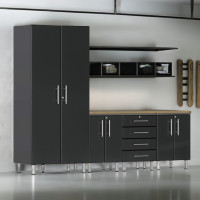 Black Modular 5-Piece Garage Cabinet Set with Bamboo Worktop