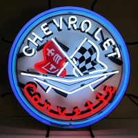 Chevrolet C1 Corvette Crossed Flags Neon Sign Blue Ring - 24" Round