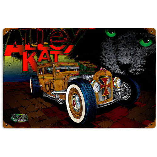 Rat Rod Alley Cat Metal Sign - 12" x 18"