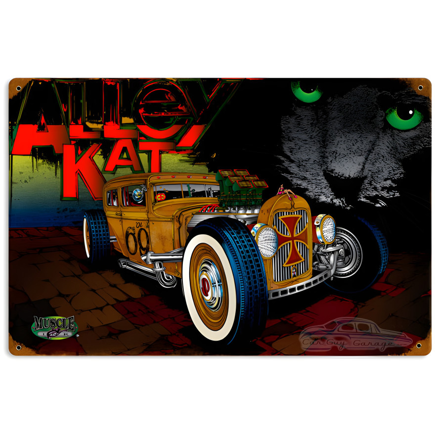 Rat Rod Alley Cat Metal Sign - 12" x 18"