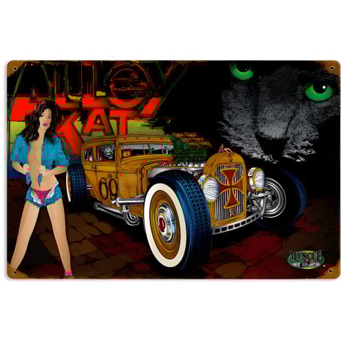 Rat Rod Alley Cat Metal Sign - 18" x 12"