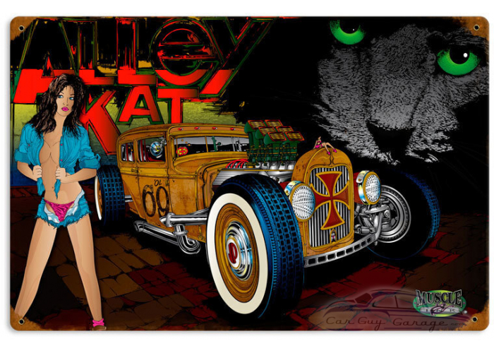 Rat Rod Alley Cat Metal Sign - 18" x 12"