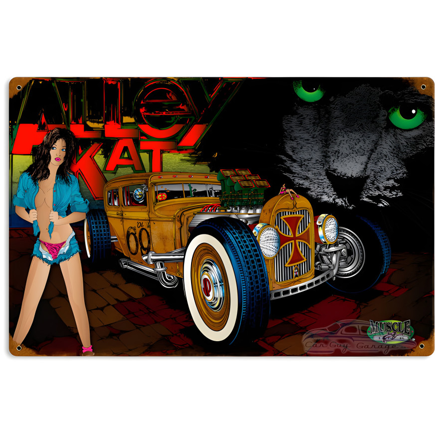 Rat Rod Alley Cat Metal Sign - 18" x 12"