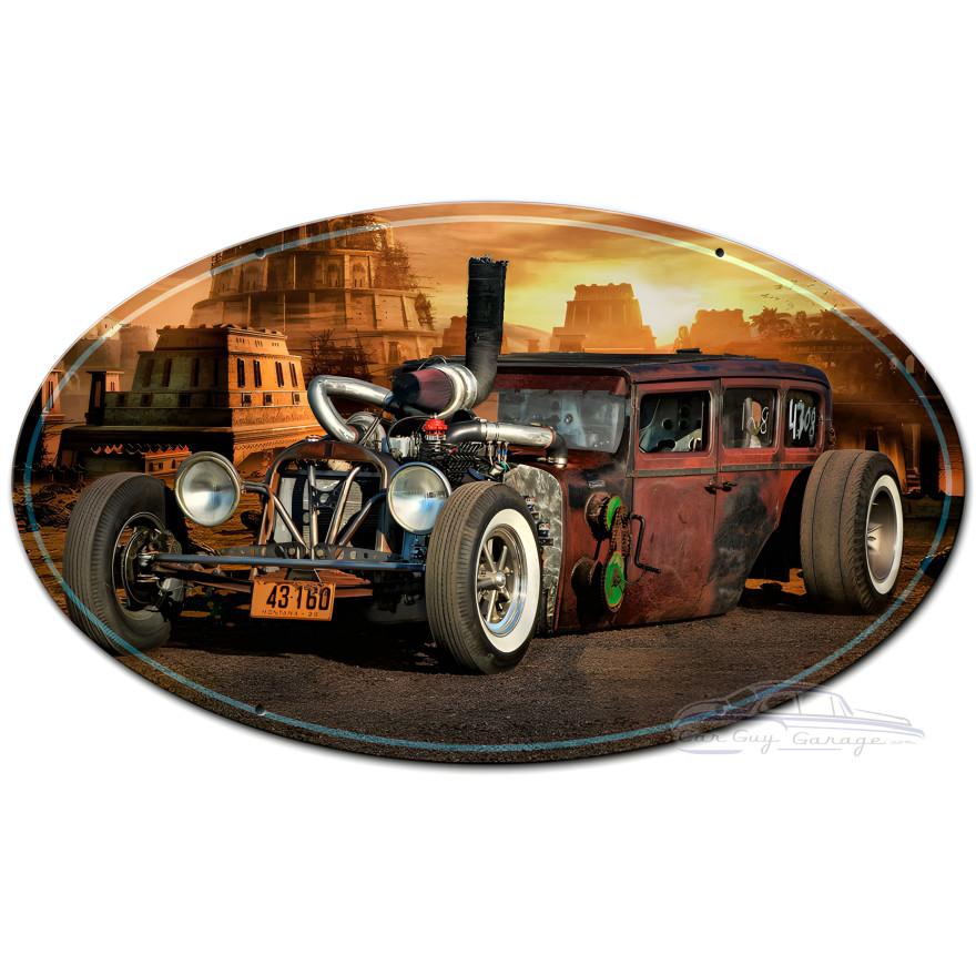Rat Rod City Oval Metal Sign - 24" x 14"