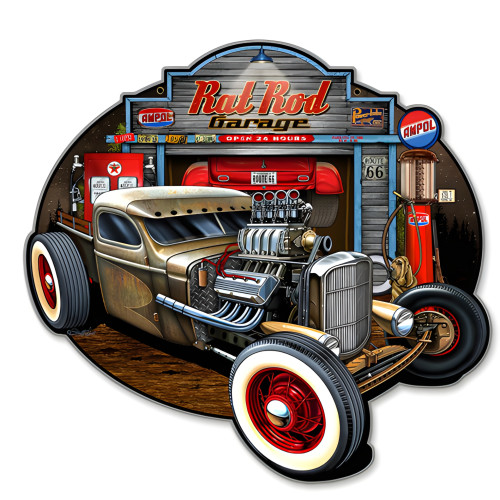 Rat Rod Garage Metal Sign - 14" x 14" Custom Shape