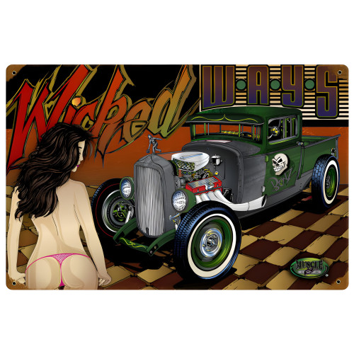 Rat Rod Wicked Ways Metal Sign - 18" x 12"